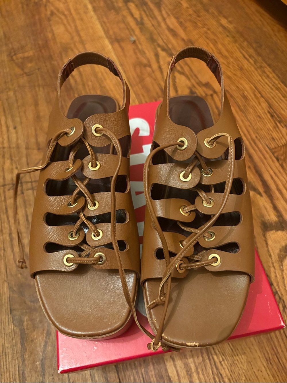 STAUD Tan Lace-Up Leather Slingback Sandals